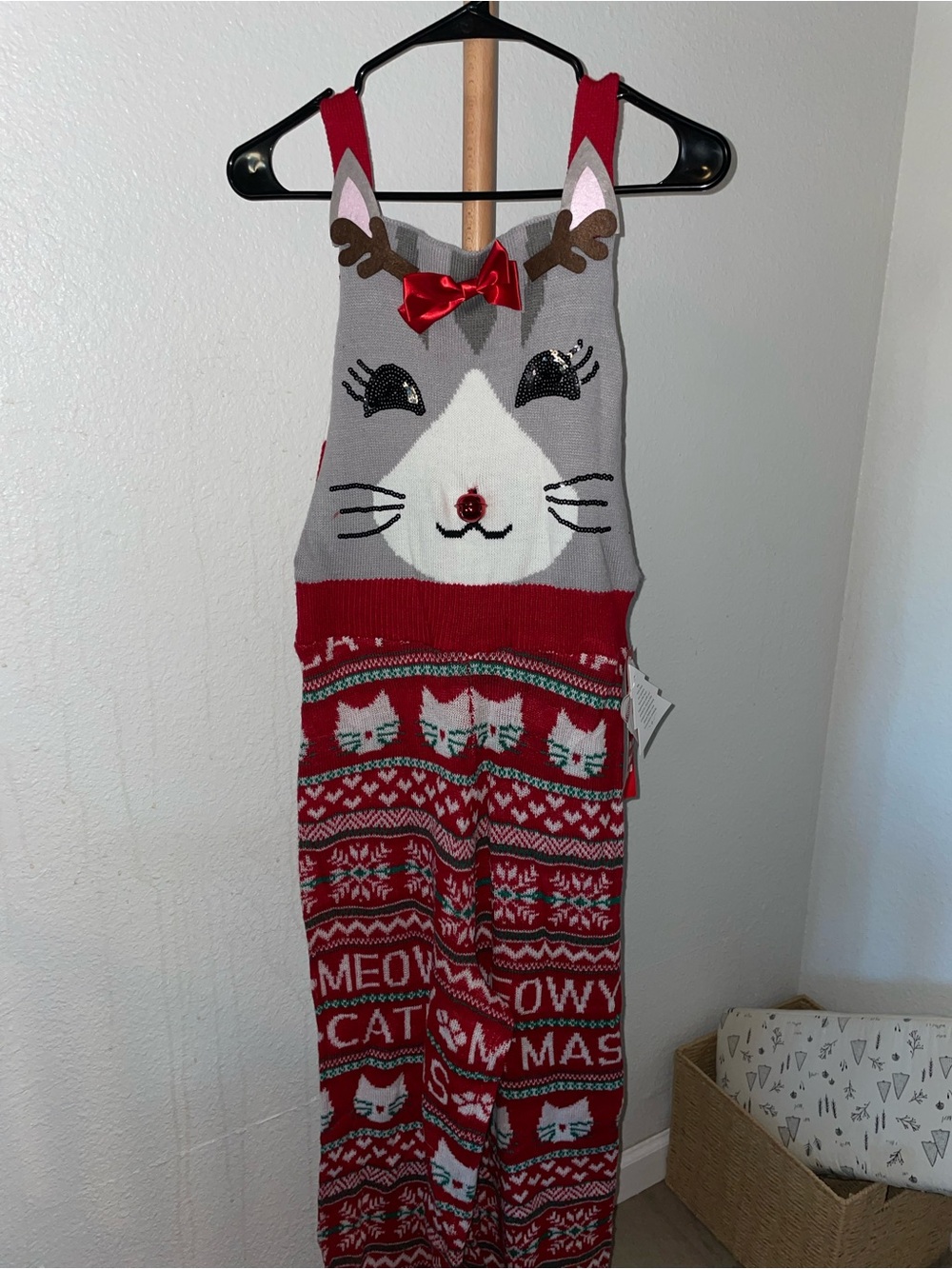 Holiday Cat Knit Overalls: Ugly Christmas Sweater Jumpsuit NWT